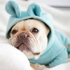 Load image into Gallery viewer, Close up shot of the cream Frenchie head showing blue fleece hood of the SnugFeel™ French Bulldog Jumpsuit