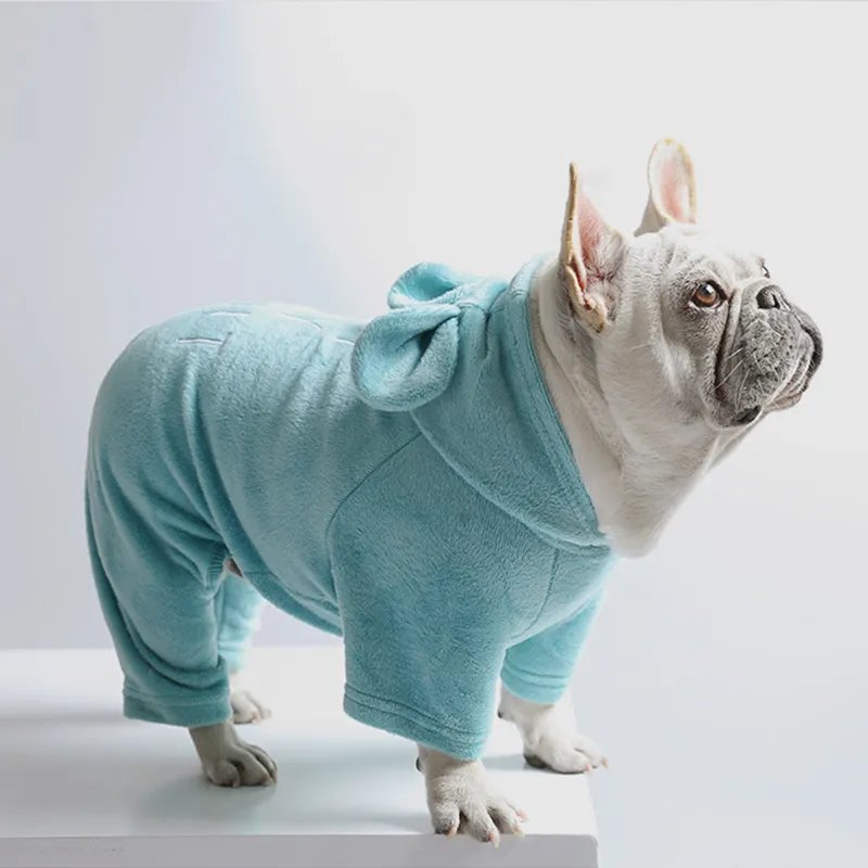 Cream French Bulldog wearing blue SnugFeel™ French Bulldog Jumpsuit and looks up